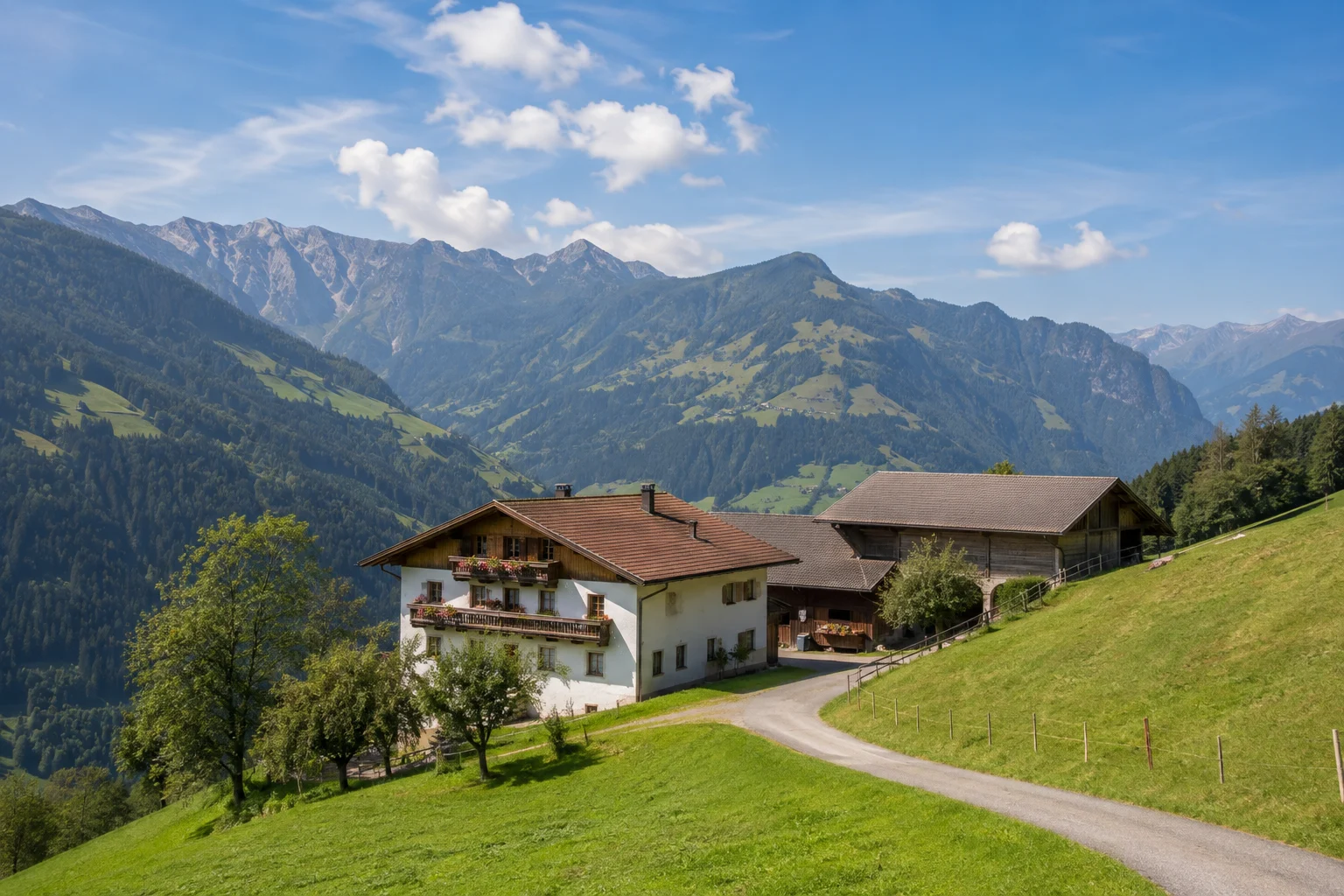 Tiroler Bergbauernhof mit Wirtschaftsgebäude und steilem Grünland