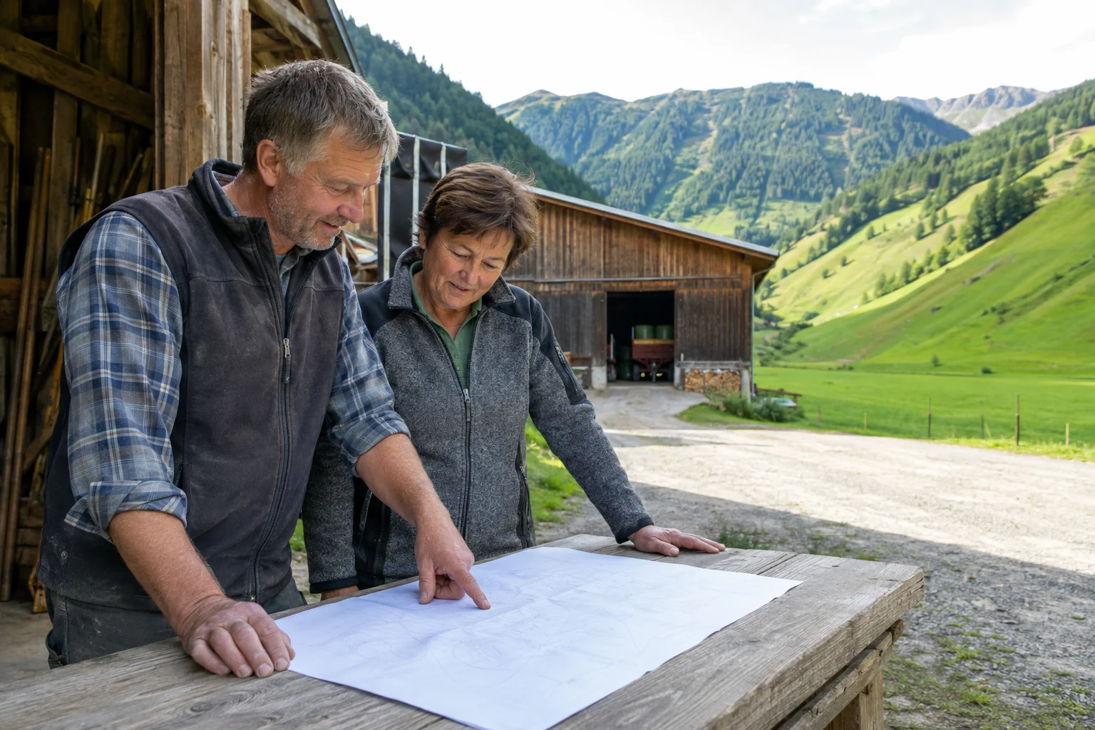Tiroler Eigentümerpaar betrachtet einen Plan am Wirtschaftsgebäude
